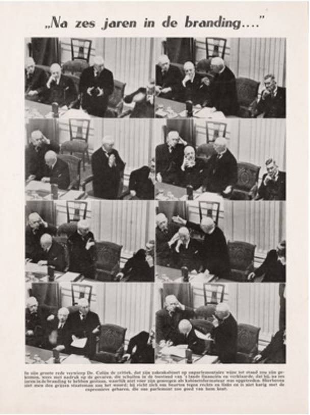 Op deze foto zien we hoe minister-president Colijn zich in 1939 tevergeefs verdedigde tegen de kritiek op het onparlementaire karakter van zijn kabinet. De fotoreportage met aan elkaar geregen fragmenten, laat alle aspecten van een redevoering zien, waarbij de ondersteunende lichaamstaal zowel tot doel heeft de Kamer te overtuigen als emotioneel te raken. Foto Erich Salomon, in: Het Leven. Geïllustreerd, 8 aug. 1939.